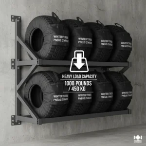 Illustration highlighting the high weight capacity of a tire rack, suitable for heavy Canadian SUV and truck winter tires.