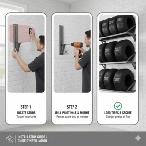 Step-by-step diagram showing how to securely bolt a winter tire storage rack into wooden garage studs.