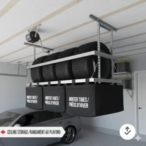 Illustration of an overhead ceiling-mounted tire storage lift system to maximize vertical space in a Canadian garage.