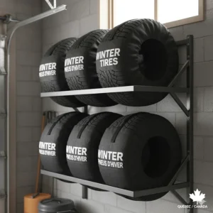 Graphic showing a tire storage unit with bilingual English and French "Winter Tires / Pneus d'hiver" labels for the Quebec market.
