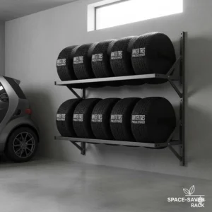 Illustration of a space-saving wall-mounted tire storage rack for Canadian condos and small garages.