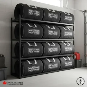 Illustration of tires stored inside protective seasonal bags on a multi-tier storage rack.
