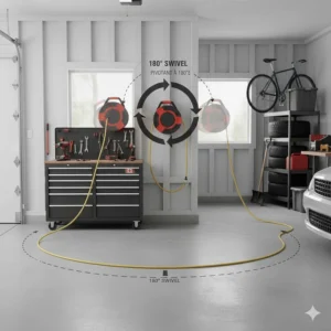 Technical drawing of a 180-degree swivel wall mount allowing the cord to pull smoothly across a double-car garage.