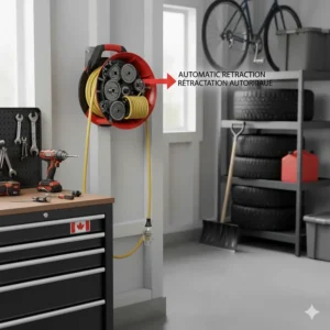 Illustration of the internal spring-loaded automatic retraction system of a wall-mounted garage cord reel.