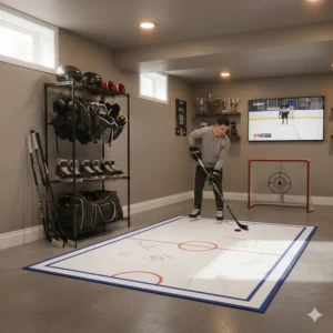 A hockey equipment storage rack positioned next to a synthetic ice training area in a finished Canadian basement.