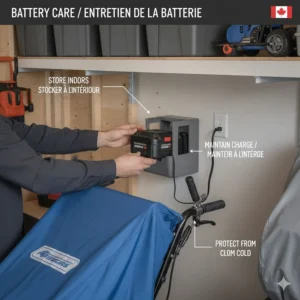 Illustration showing proper indoor battery storage for electric snow blowers to protect against Canadian cold.