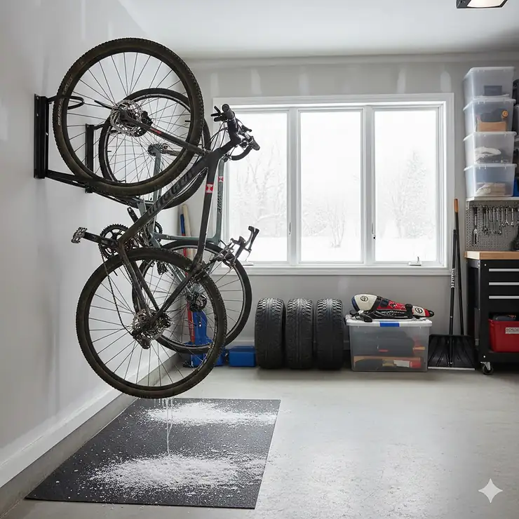 A mountain bike and road bike stored on a heavy-duty bike wall mount in a clean Canadian garage during winter.