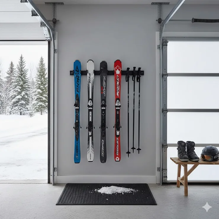 A heavy-duty ski storage rack for garage walls holding family skis and poles in a Canadian winter home.