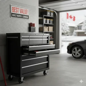 An affordable, multi-drawer rolling tool chest showcasing high-capacity storage for Canadian homeowners.