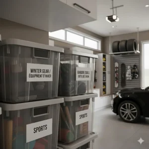 Close-up of garage storage bins with bilingual English and French labels for organized home organization (Rangement de garage).