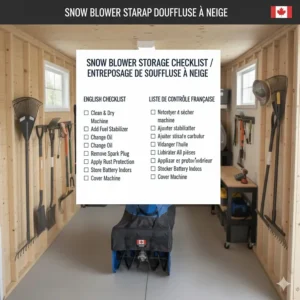 A bilingual English and French checklist for snow blower storage and maintenance (Entreposage de souffleuse à neige).