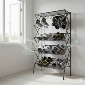 Illustration of a ventilated hockey equipment storage rack optimized for air-drying wet gear after a game.