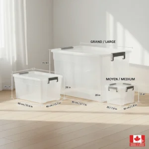 A size guide illustration for clear storage bins with lids, showing measurements in both centimeters and inches for the Canadian market.