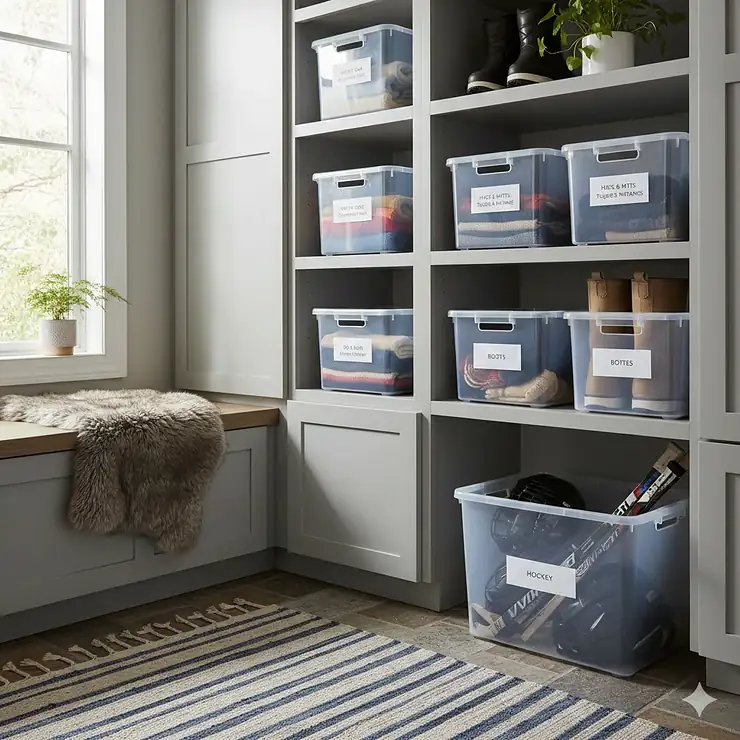 A stack of clear storage bins with lids in a bright Canadian mudroom, organizing winter gear and household essentials.
