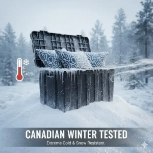 Illustration of weatherproof storage bins tested for Canadian winter temperatures and heavy snow loads.