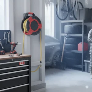Illustration of a sub-zero cold-weather rated power cord reel staying flexible in a frozen garage environment.