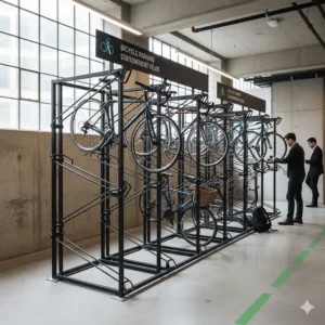 Secure heavy duty bike storage rack system installed in a Vancouver office basement for commuter cycling.