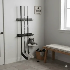 Space-saving wall-mounted hockey stick rack designed for small Canadian mudrooms or apartments.
