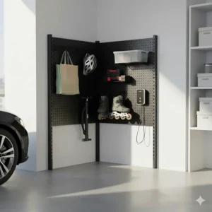 A compact pegboard system garage layout designed for a townhouse or urban condo parking stall in Toronto or Vancouver.