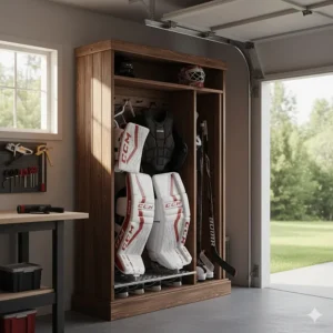 Handcrafted Canadian wood locker designed as a premium goalie equipment storage solution.