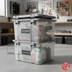 A technical illustration showing the stackable design and reinforced lids of heavy-duty clear storage bins for garage use.