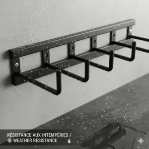 Rust-resistant ski storage rack for garage use, designed to withstand Canadian winter salt and slush.