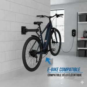 Heavy-duty bike wall mount for garage designed to support the weight of a Canadian commuter electric bike.