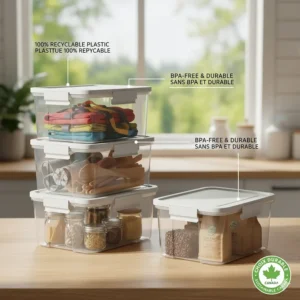 Illustration highlighting 100% recyclable clear storage bins with lids, emphasizing sustainable living choices for Canadian consumers.