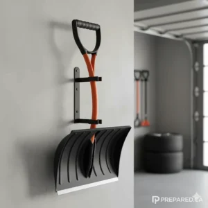 Specialized wall mount clip securing a curved ergonomic snow shovel.