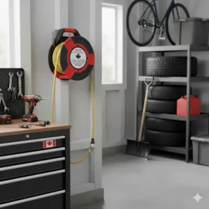 Illustration of a power cord reel with bilingual English and French safety labels as required for the Canadian market.