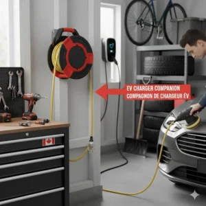 A wall-mount cord reel positioned near a Level 2 EV charger, powering tools for electric vehicle maintenance.