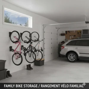 Multiple bike wall mounts in a garage organized for a family of four, including kids' bikes and adult commuters.