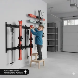 Low-profile ski storage rack in a garage designed for easy access by kids and family members.