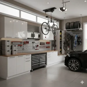 Space-saving garage storage system featuring a ceiling-mounted bike hoist and vertical wall racks for family bicycles.
