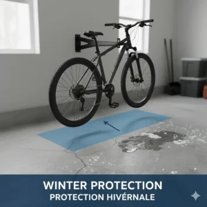 Diagram of a bike wall mount in a garage keeping tires off cold concrete floors to prevent winter damage in Canada.