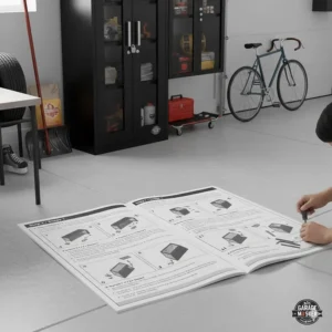 Illustrated metal storage cabinet garage assembly steps with English and French instructions for Canadian users.