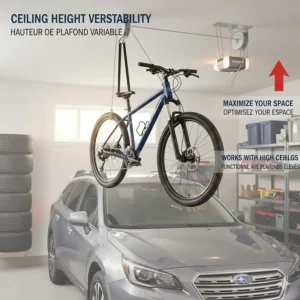 Illustration showing the pulley system installed on a high garage ceiling, demonstrating vertical space optimization for Canadian homeowners.