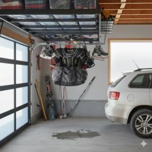 Organized overhead garage storage racks used for drying and storing hockey bags and skates in a residential garage.