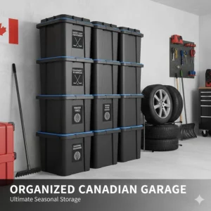 Organized Canadian garage featuring stacked weatherproof storage bins used for sports equipment and seasonal tools.