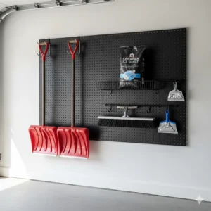 Metal pegboard system garage installation holding heavy snow shovels, ice melt, and winter car brushes.