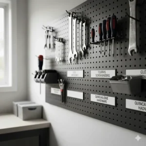 Close-up of a pegboard system with French and English labels for tool organization in a Quebec-style workshop.