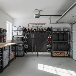 Illustration showing a hockey equipment storage rack integrated into a full Canadian garage organization system.
