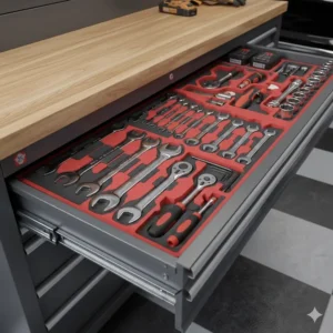 Close-up of a garage tool cabinet drawer featuring custom foam organizers and professional wrench sets.
