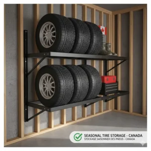 Heavy duty garage wall shelving used as a space-saving overhead rack for seasonal winter tire storage in Canada.