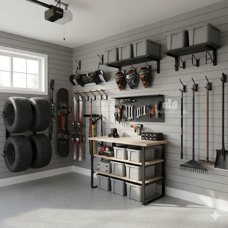 A professionally installed garage wall track system in a Toronto home, featuring organized heavy-duty tools, winter tires, and sports equipment on PVC slatwall panels.