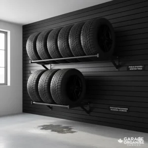 Illustration of a wall-mounted tire rack integrated into a track system for seasonal winter tire storage in a residential garage.