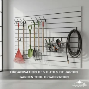Illustration of long-handled garden tools like rakes and shovels neatly organized on a garage wall track system.