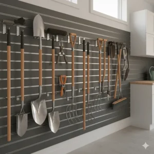 Vertical slatwall garage storage system neatly holding shovels, rakes, and landscaping tools for Canadian spring cleanup.