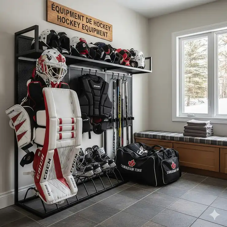 Professional goalie equipment storage solutions in a Canadian home garage featuring organized pads, mask, and chest protector.