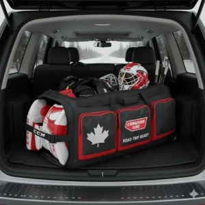 Durable goalie equipment storage solutions for travel, featuring reinforced compartments for Canadian road trips.